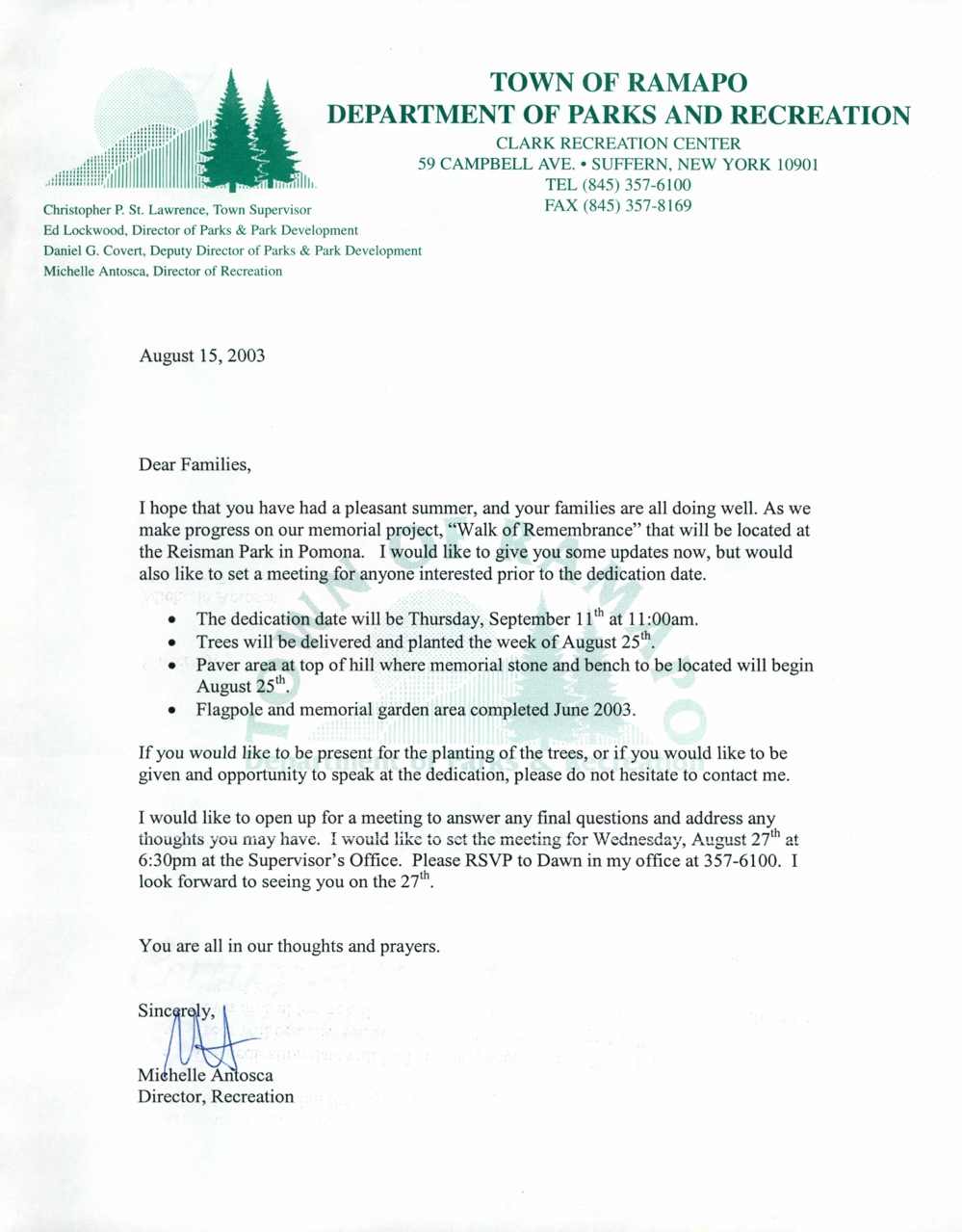 Letter from town concerning memorial project